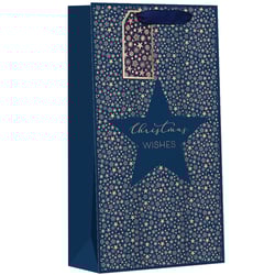 a blue christmas wishes bag with gold stars and snowflakes