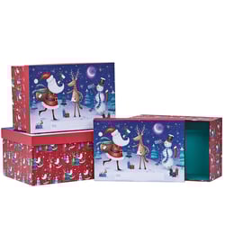 three christmas boxes with santa and reindeer on them