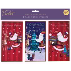 three christmas money wallets with santa and rudolph on them
