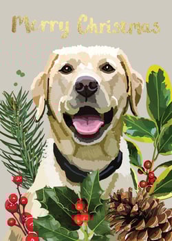 a merry christmas card with a dog and pine cones