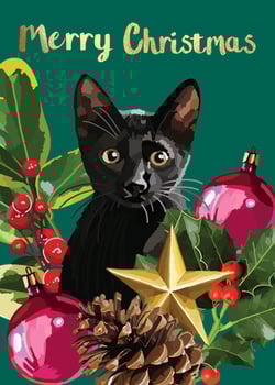 a merry christmas card with a black cat