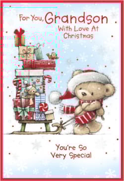 a christmas card for grandson with a teddy bear pulling a sled full of presents