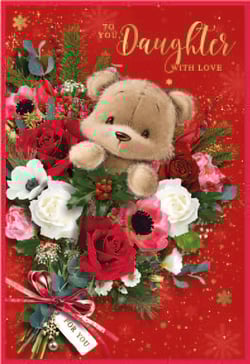 a daughter with love christmas card with a teddy bear holding a bouquet of flowers