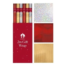 two rolls of christmas gift wrap in a red box