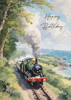 it is a painting of a train going down the tracks .