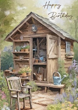 it is a painting of a garden shed with a chair and watering can .