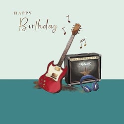 a birthday card with a guitar , amplifier , headphones and music notes .