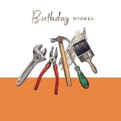 a birthday card with a wrench , pliers , hammer , brush and screwdriver .