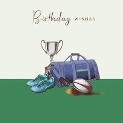 a birthday card with a trophy , soccer cleats , a rugby ball , and a duffel bag .