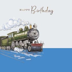 it is a birthday card with a train on it .