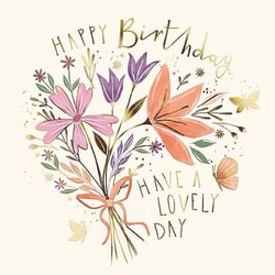 a happy birthday card with a bouquet of flowers and butterflies .