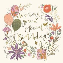 a birthday card with flowers , balloons , and a gift .