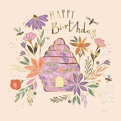 a happy birthday card with a beehive surrounded by flowers and bees .