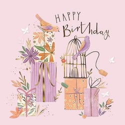 a birthday card with a bird in a cage and gifts .