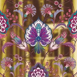 it is a seamless pattern with flowers and leaves on a gold background .