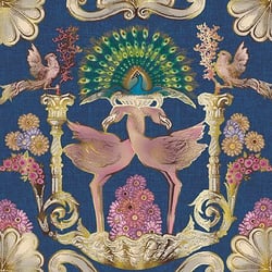 a peacock and flamingos are standing next to each other on a blue background .