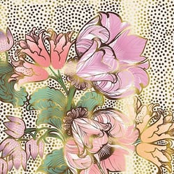 a seamless pattern with pink and gold flowers on a polka dot background .