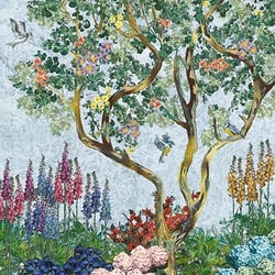 a painting of a tree surrounded by flowers and birds .