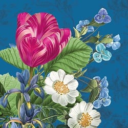 it is a painting of flowers on a blue background .
