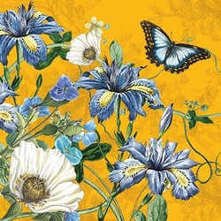a painting of blue and white flowers with a butterfly on a yellow background .