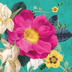 a pink flower with a yellow center is surrounded by white and yellow flowers on a blue background .