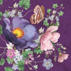 a butterfly is flying over a bouquet of flowers on a purple background .