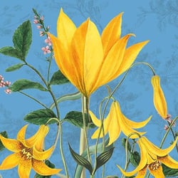 a painting of yellow flowers on a blue background .