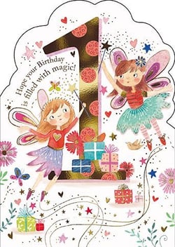 a birthday card for a little girl with two fairies and gifts .