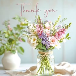 a thank you card with a vase of flowers on a table .