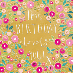 Brighten her special day with this beautiful 'Open Birthday Female' card from the Great British Card Company. Adorned with a charming, hand-painted floral wreath in vibrant pinks, soft peaches, and lush teal foliage, it creates a truly celebratory feel. The warm golden background perfectly complements the heartfelt message, "Happy Birthday lovely YOU! Xo", written in an elegant, playful script. Delicate butterflies add a touch of whimsy to this delightful design. Ideal for any female recipient, this card is sure to make her feel cherished. Available in a convenient pack of 6.