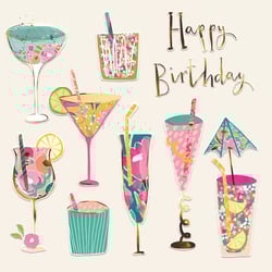 Make her birthday extra special with our delightful 'Open Birthday Female' card, brought to you by the Great British Card Company. This charming design features an array of beautifully illustrated cocktails and celebratory drinks, each adorned with vibrant floral patterns, playful confetti, and sparkling gold accents. From elegant coupes to fun martini glasses, every drink is a miniature work of art, bursting with cheerful pinks, blues, and greens. The elegant 'Happy Birthday' script adds a touch of sophistication. Perfect for any female recipient, these cards are sure to bring a smile. Supplied in a convenient pack of 6, they're ideal for keeping on hand for those special occasions.