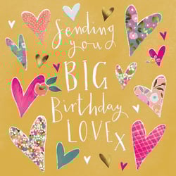 Brighten someone's special day with our delightful 'Open Birthday Female' card from the Great British Card Company. This charming design features a warm mustard yellow background adorned with an array of beautifully patterned and colourful hearts, each unique and full of character. The heartfelt message, 'Sending you BIG Birthday LOVE x', is playfully scripted in white, making it a truly joyful way to celebrate. Perfect for friends, family, or anyone deserving of extra love on their birthday. Each pack contains 6 cards, ready to bring smiles to your customers.