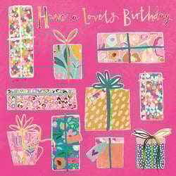 Brighten any birthday with our charming 'Open Birthday Female' cards, proudly brought to you by the Great British Card Company. This delightful pack of 6 features a vibrant pink backdrop, beautifully adorned with an assortment of artfully wrapped gifts. Each present showcases unique, colourful patterns – from delicate florals to playful spots – all tied with elegant ribbons. The shimmering gold text wishing 'Have a Lovely Birthday' adds a touch of sparkle. Perfect for sending warm, heartfelt wishes to any special woman, these cards are designed to make every celebration feel extra special. Stock up on these lovely designs today!