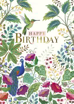 Introduce a touch of natural elegance to your card selection with our 'Open Birthday Female' card. This exquisite design from the Great British Card Company features a vibrant botanical scene, complete with a majestic peacock and a graceful hummingbird. Rich greens, blues, and purples are beautifully accented by shimmering gold 'Happy Birthday' lettering, adding a luxurious feel. Perfect for celebrating any special woman, this card is sure to delight your customers. Supplied in a convenient pack of 6, it's an ideal addition to your retail display.