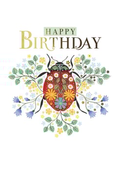 Brighten someone's special day with this enchanting Open Birthday card from the Great British Card Company. Featuring a charming ladybird adorned with intricate floral patterns in vibrant reds, yellows, and blues, it's a true work of art. Delicate sprigs of leaves and tiny blossoms in soft greens, blues, and yellows surround the central design, creating a whimsical garden feel. The elegant 'Happy Birthday' message, presented in stylish gold and brown lettering, adds a touch of sophistication. Perfect for female recipients of all ages, this beautiful card is supplied in a convenient pack of 6, ready to delight your customers.