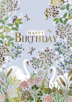 Celebrate a special birthday with this exquisite 'Open Birthday Female' card, a true work of art. Adorned with a serene natural scene, it features graceful swans gliding amongst lush water lilies and reeds, while a vibrant kingfisher perches on a leafy branch above. Delicate dragonflies flit across the soft blue sky, all brought to life with intricate detailing and shimmering gold accents that catch the light beautifully. This card offers a touch of elegance and charm, perfect for conveying heartfelt wishes to any woman on her special day. Its captivating design makes it a memorable choice, sure to be cherished.