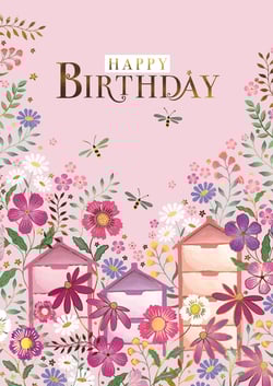 Celebrate birthdays with this delightful "Open Birthday Female" card from the Great British Card Company. This charming design features a vibrant array of colourful flowers in shades of pink, purple, white, and yellow, set against a soft pink background. Elegant gold-foiled "Happy Birthday" lettering adds a touch of sophistication, while whimsical bees and decorative floral houses complete the enchanting scene. Perfect for any female recipient, this beautiful card offers a warm and friendly greeting. Available in a convenient pack of 6, it's an ideal addition to your card selection, ready to bring joy to every celebration.