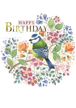 Celebrate her special day with this exquisite 'Open Birthday Female' card from the Great British Card Company. Featuring a charming blue tit perched amidst a vibrant and intricate floral design, this card is a true work of art. The rich golden 'BIRTHDAY' lettering beautifully complements the cheerful array of pink, orange, and blue blossoms, all set against a crisp white background. Perfect for any female recipient, its delightful nature-inspired illustration and elegant finish make it a standout choice. Each pack contains 6 cards, ready to bring a touch of natural beauty and heartfelt wishes to your customers.