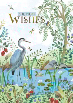 Celebrate her special day with this enchanting "Open Birthday Female" card from the Great British Card Company. This exquisite design features a serene, nature-inspired illustration, bringing the tranquility of a waterside scene to life. A graceful heron takes centre stage, surrounded by charming wildlife including a swimming duck, playful mammals by the reeds, and a colourful bird perched in a leafy tree. The scene is further enhanced with lush foliage, ripe strawberries, and delicate dragonflies. With its elegant gold-foiled "Birthday Wishes" message, this card is perfect for conveying heartfelt greetings. Supplied in a convenient pack of 6, it's a beautiful addition to any card display, appealing to customers who appreciate quality and artistry.