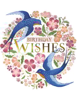 Presenting the exquisite 'Open Birthday Female' card from the Great British Card Company. This stunning design features two graceful blue swallows, beautifully illustrated as they soar amidst a vibrant circular wreath of delicate flowers and lush foliage. The charming floral arrangement boasts a delightful palette of soft pinks, corals, and greens, enhanced with subtle golden accents that add a touch of elegance. At its heart, the message 'BIRTHDAY WISHES' shines in elegant gold lettering, making it a truly special greeting. Perfect for celebrating any female recipient, this card offers a blend of natural beauty and heartfelt sentiment. Available in a convenient pack of 6, it's an ideal addition to your retail collection, sure to captivate your customers.