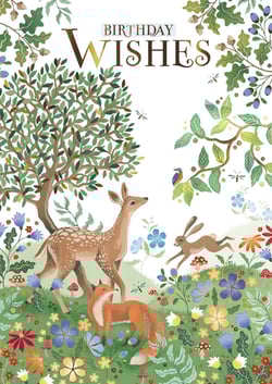 Send the warmest birthday wishes with this enchanting card, featuring a delightful woodland scene. Adorned with charming creatures like a gentle fawn, a curious fox, and a playful rabbit, it's a true celebration of nature's beauty. Lush trees, vibrant wildflowers, and delicate dragonflies create a truly captivating design.
The rich colours and intricate details make this card a joy to receive, perfect for celebrating a special woman's birthday. Crafted with care by the Great British Card Company, it offers a touch of elegance and whimsy for any recipient.