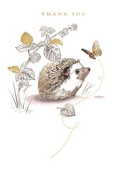 a hedgehog is looking at a butterfly on a thank you card .