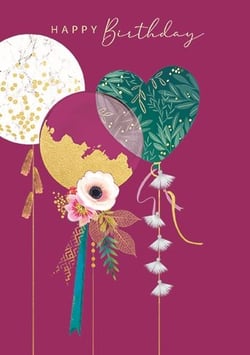 a happy birthday card with three balloons in the shape of a heart .
