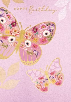 a birthday card with two butterflies covered in flowers on a pink background .