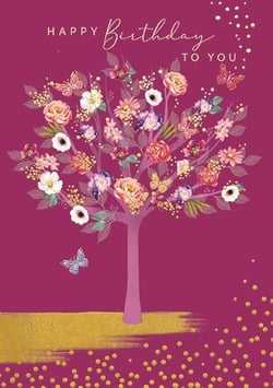 a birthday card with a tree made of flowers and butterflies on a pink background .