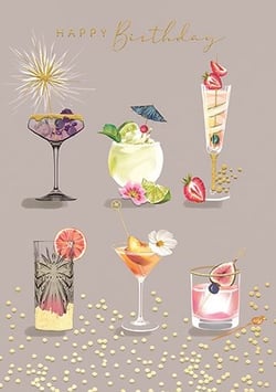 a birthday card with a variety of cocktails on it .