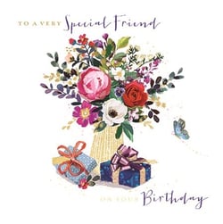 a birthday card for a special friend with a vase of flowers and gifts .