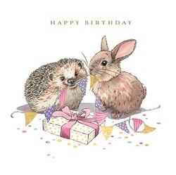 a hedgehog and a rabbit are sitting next to each other on a birthday card .