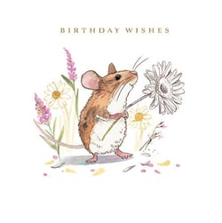 a birthday card with a mouse holding a flower .