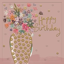 a birthday card with a vase filled with flowers and the words `` happy birthday '' .
